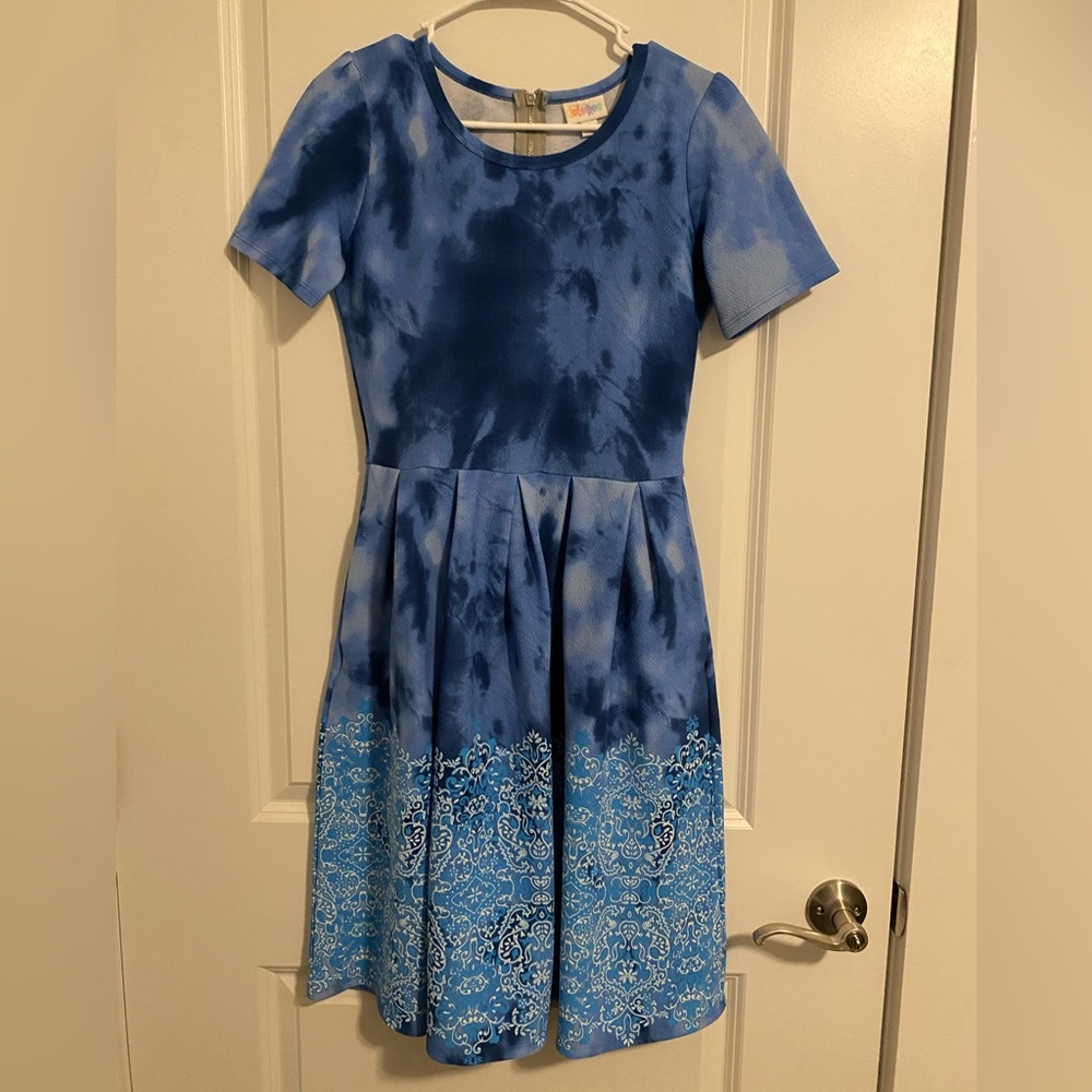 LulaRoe Blue Tie Dye Multi Pattern Dress